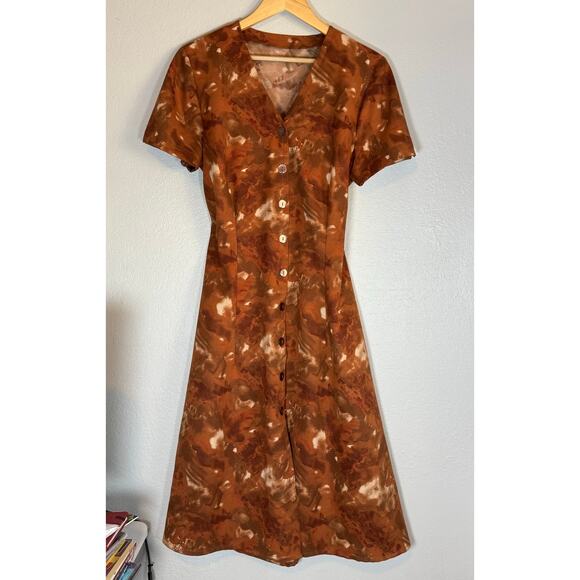 Vintage 70s Short Sleeve Brown Button Down Midi Dress Womens Large Fall Abstract - Picture 2 of 5